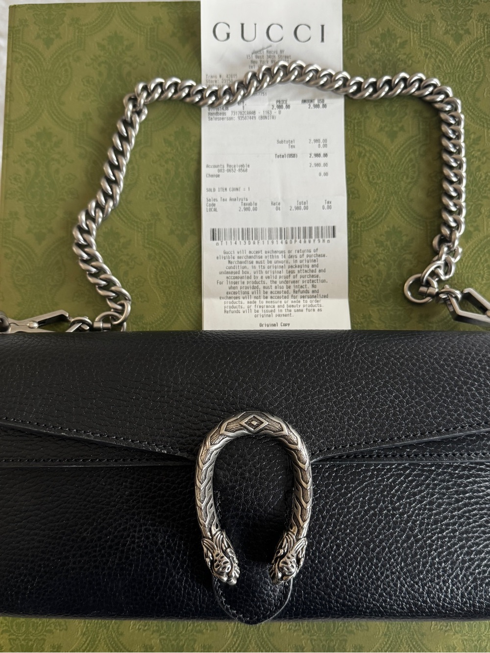 NWT Gucci Dionysus Leather bag w/ Crossbody Strap, Sales Receipt, Box, Dust Bags